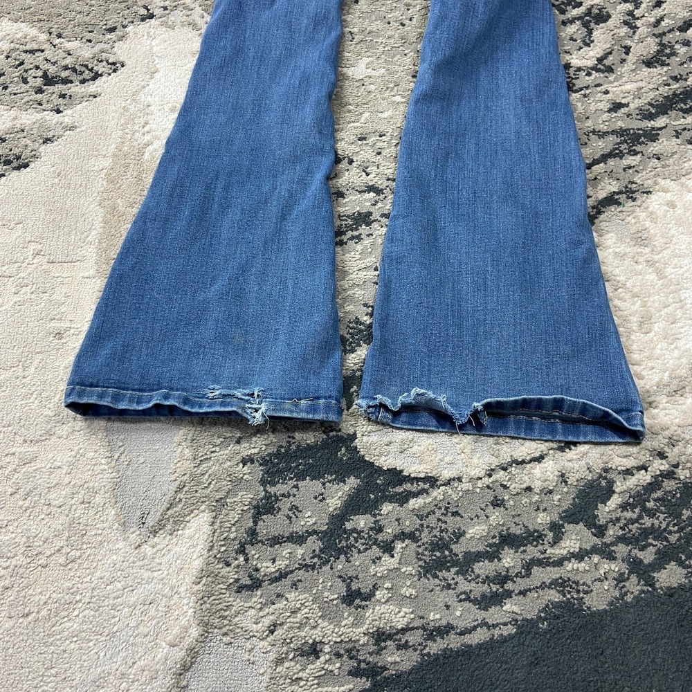 Y2K Indigo Rein Bootcut Flared Jeans Sz 1/24 Blue Whiskering Denim Distressed - Picture 6 of 7